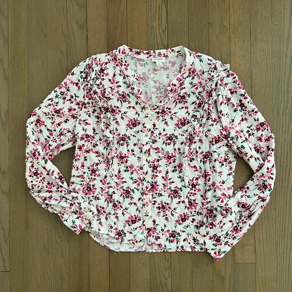 J. Crew White and Pink Long Sleeve Floral Ruffle Top - Picture 3 of 8